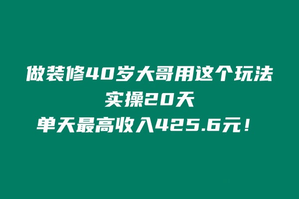 做装修40岁大哥用这个玩法，实操20天，单天最高收入425.6元！ 老秦