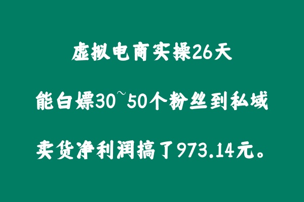 虚拟电商实操26天能白嫖30~50个粉丝到私域，卖货净利润搞了973.14元。 老秦